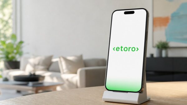Ein Smartphone steht aufrecht in einer weißen Halterung auf einem Holztisch, auf dem hellen Display die grüne eToro-Wortmarke, am unteren Bildschirmrand ein grüner Schimmer.