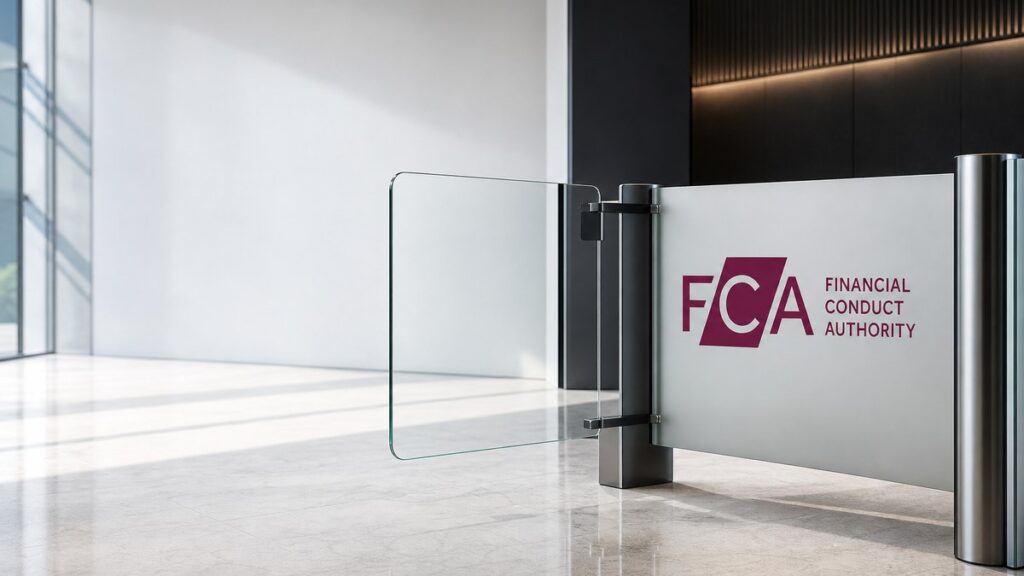 Eine gläserne Zugangsschleuse in einer hellen Lobby, auf der milchigen Seitenscheibe steht das weinrote Logo der Financial Conduct Authority, der Glasflügel ist geöffnet.