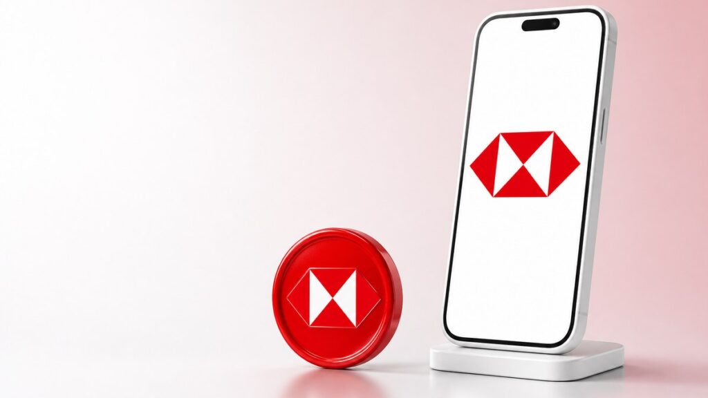 Ein weißes Smartphone auf einem Ständer zeigt das rot-weiße HSBC-Sechseck, daneben steht eine glänzende rote Münze mit demselben Zeichen.