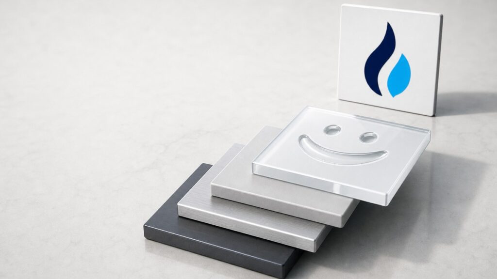 Vier flache quadratische Platten aus Stahl, Silber und Glas liegen versetzt übereinander, in die oberste ist ein breit grinsendes Gesicht geprägt; dahinter steht ein weißes Schild mit dem HTX-Zeichen.