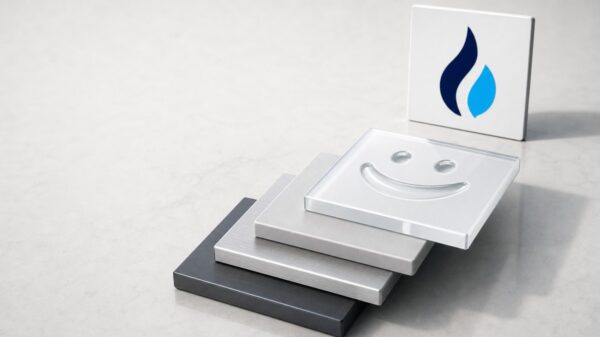 Vier flache quadratische Platten aus Stahl, Silber und Glas liegen versetzt übereinander, in die oberste ist ein breit grinsendes Gesicht geprägt; dahinter steht ein weißes Schild mit dem HTX-Zeichen.