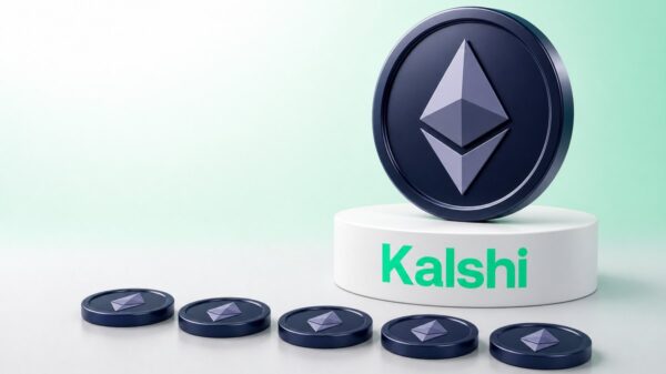 Eine große dunkelblaue Ethereum-Münze steht auf einem weißen Sockel mit dem grünen Kalshi-Schriftzug, davor liegt eine Reihe aus fünf gleich großen kleinen Ethereum-Münzen.