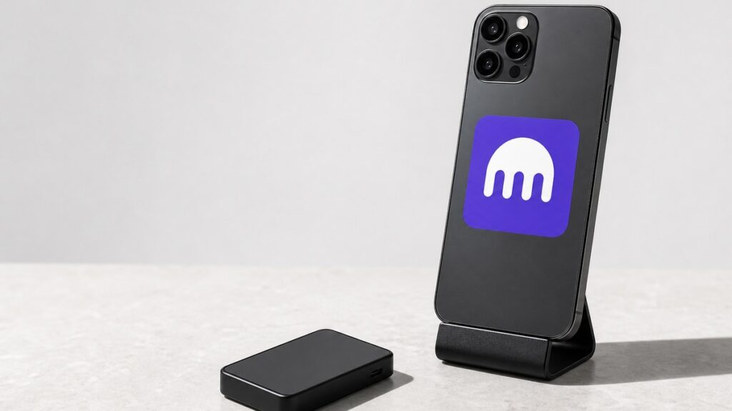 Ein Smartphone steht aufrecht in einem schmalen Ständer auf heller Steinfläche, auf der Rückseite das violette Kraken-Zeichen mit weißem Oktopus; davor liegt ein flaches schwarzes Gerät mit dunklem, ausgeschaltetem Display.