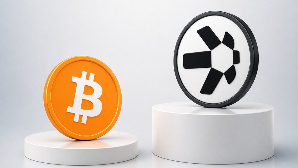 Eine orangefarbene Bitcoin-Münze steht auf einem niedrigen weißen Sockel, daneben eine schwarz-weiße Quant-Münze auf einem deutlich höheren Sockel.