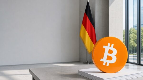 Eine große orangefarbene Bitcoin-Münze steht auf einem Stapel weißer Papiere auf einem Konferenztisch, dahinter hängt die schwarz-rot-goldene Bundesflagge an einer Stange.