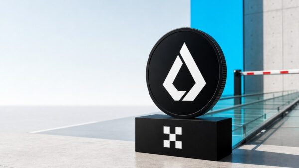 Eine schwarze Lisk-Münze steht auf einem schwarzen Sockel mit dem OKX-Zeichen, dahinter führt ein gläserner Steg zu einer geschlossenen rot-weißen Schranke.