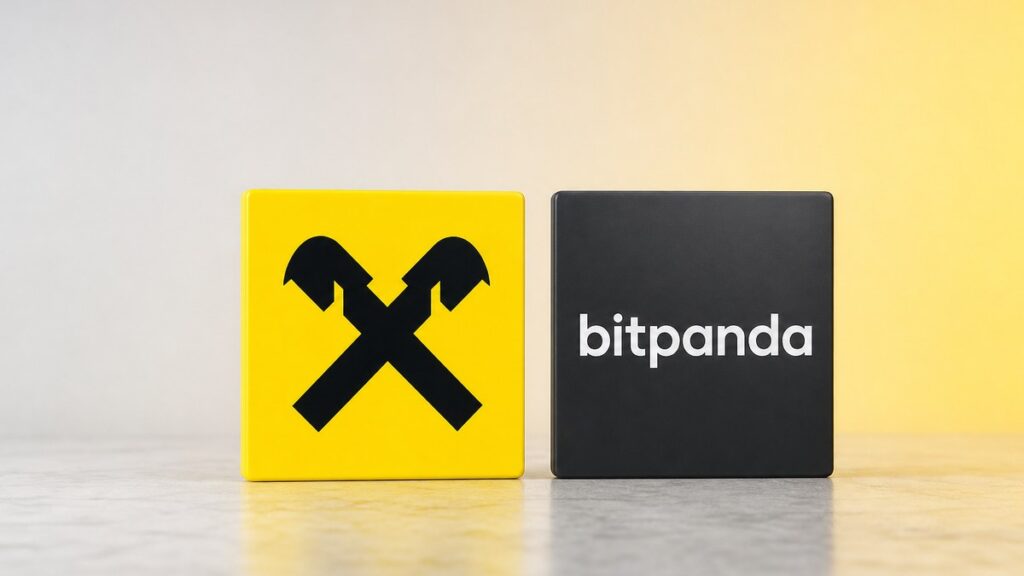 Eine gelbe Kachel mit dem schwarzen Raiffeisen-Giebelkreuz und eine dunkle Kachel mit dem Bitpanda-Schriftzug stehen gleich groß nebeneinander auf einer hellen Steinfläche.