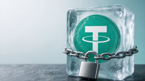 Eine türkisgrüne Tether-Münze steckt in einem klaren Eisblock, um den eine Stahlkette mit geschlossenem Vorhängeschloss gelegt ist.