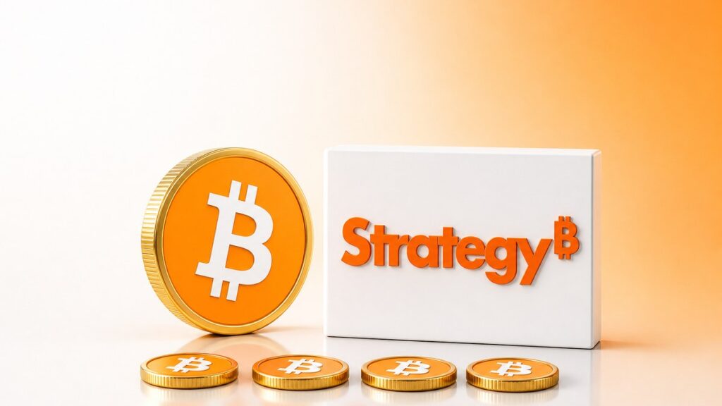 Eine große orangefarbene Bitcoin-Münze steht neben einem gleich hohen weißen Block mit dem orangefarbenen Strategy-Schriftzug, davor liegen vier kleinere Bitcoin-Münzen in einer Reihe.