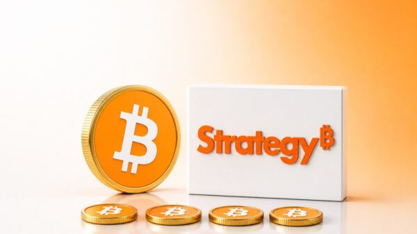 Eine große orangefarbene Bitcoin-Münze steht neben einem gleich hohen weißen Block mit dem orangefarbenen Strategy-Schriftzug, davor liegen vier kleinere Bitcoin-Münzen in einer Reihe.