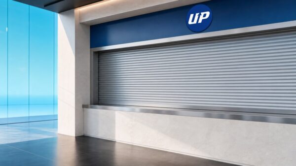 Ein moderner Schalter in einer hellen Halle ist mit einem heruntergelassenen Metallrollladen verschlossen; darüber hängt ein blaues rundes Schild mit dem weißen Upbit-Zeichen.
