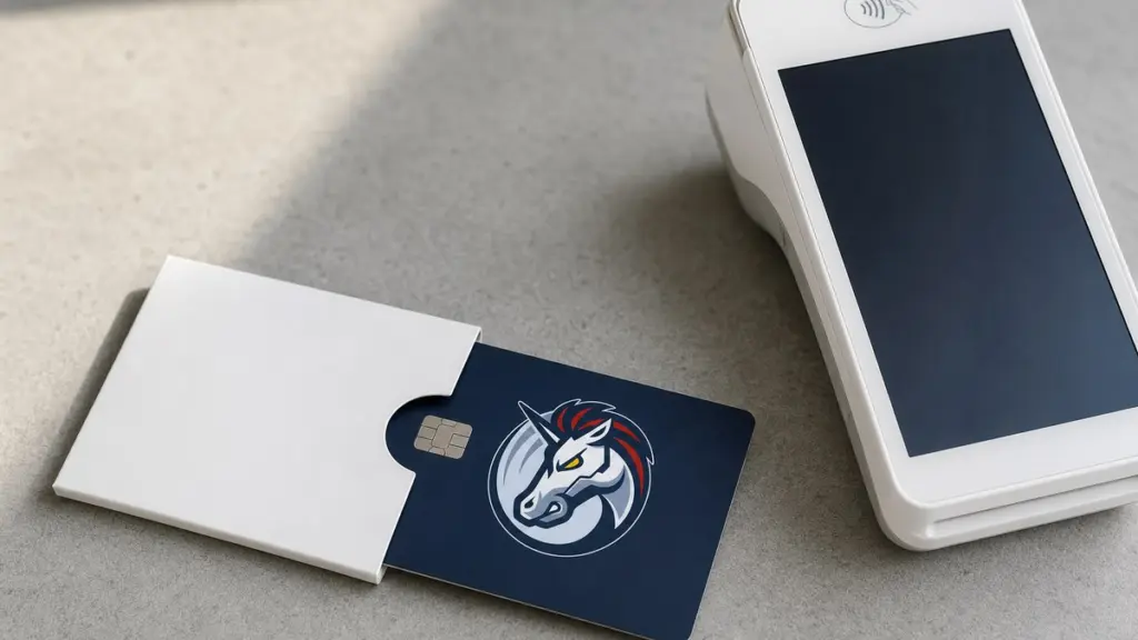 Dunkelblaue Debitkarte mit dem 1inch-Einhorn, halb in eine weiße Kartenhülle zurückgeschoben, auf grauem Stein neben einem ausgeschalteten weißen Bezahlterminal.