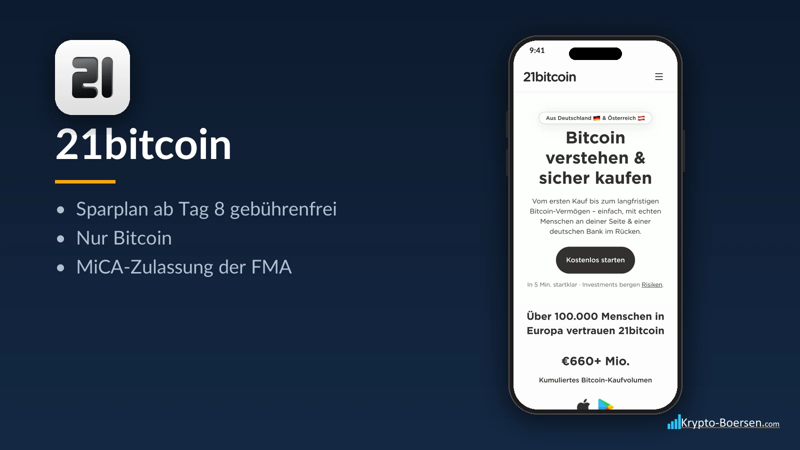 21bitcoin Erfahrungen: Titelbild mit App-Symbol