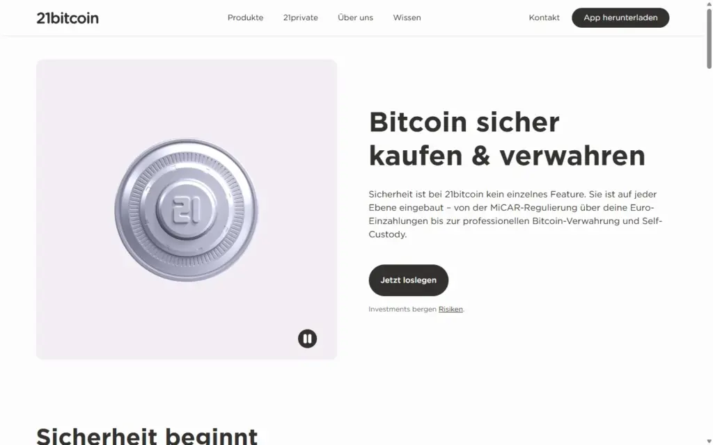 21bitcoin: Seite zu Sicherheit, Regulierung und Verwahrung