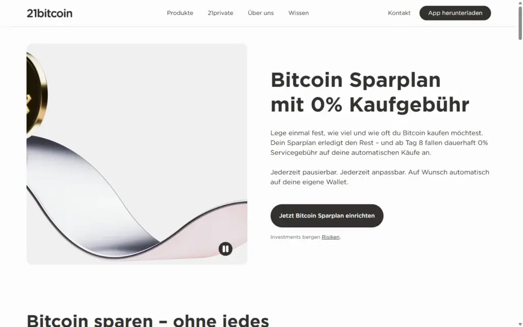 21bitcoin: Seite zum Bitcoin-Sparplan mit 0 % Kaufgebühr ab Tag 8