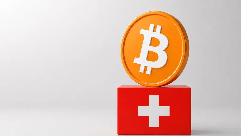 Eine orangefarbene Bitcoin-Münze steht aufrecht auf einem roten Sockel, dessen Vorderseite ein weißes Schweizer Kreuz trägt.