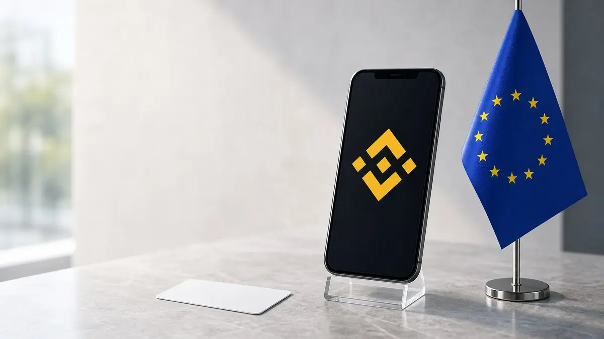 Ein Smartphone auf einem durchsichtigen Ständer zeigt das gelbe Binance-Zeichen, daneben steht eine kleine EU-Tischflagge, davor liegt eine weiße Karte.