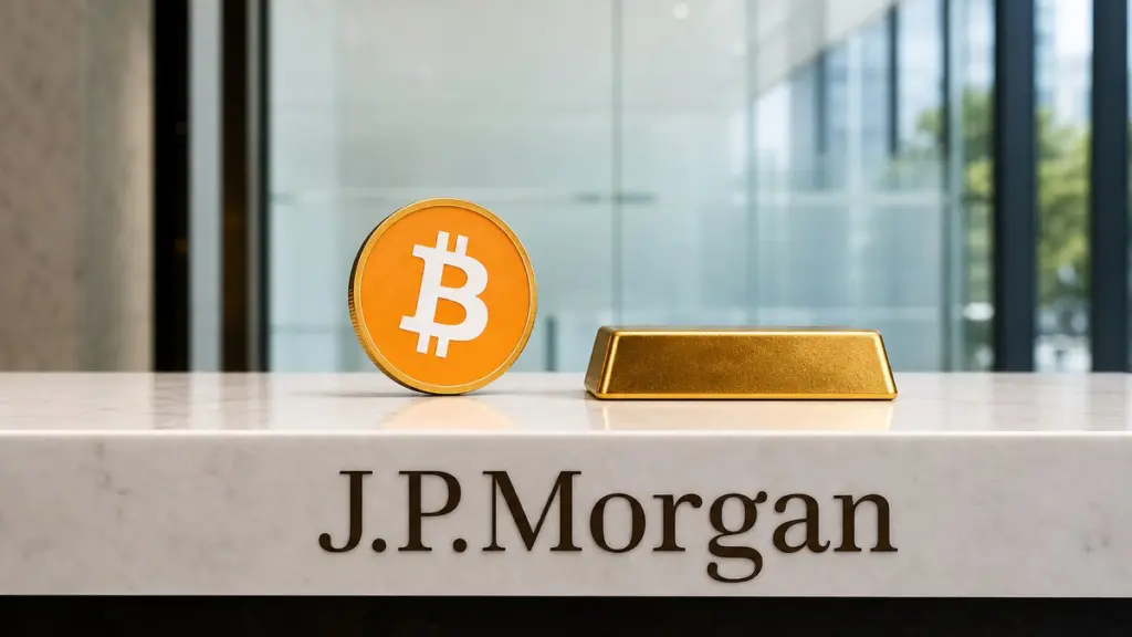 Auf einem weißen Steintisch mit dem Schriftzug J.P.Morgan an der Vorderkante stehen eine goldene Bitcoin-Münze und ein Goldbarren nebeneinander, dahinter eine helle Milchglaswand.