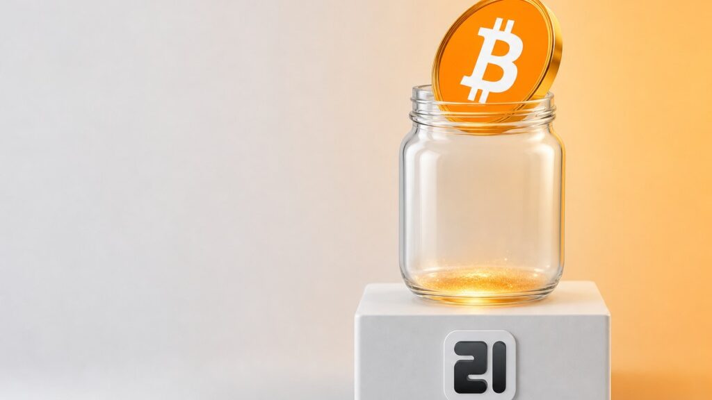 Eine goldene Bitcoin-Münze steigt aus einem gläsernen Sparglas, das auf einem weißen Sockel mit dem 21bitcoin-Zeichen steht.