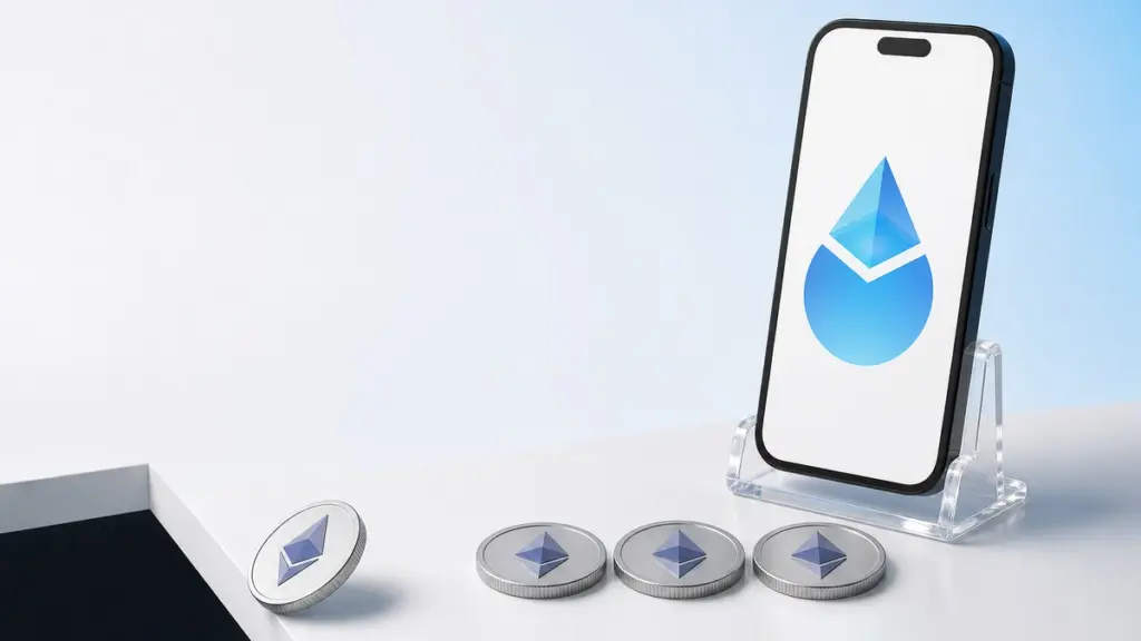 Ein Smartphone im durchsichtigen Ständer zeigt das hellblaue Lido-Zeichen, davor liegen drei silberne Ether-Münzen in einer Reihe, eine vierte rollt zu einer dunklen Öffnung im Tisch.