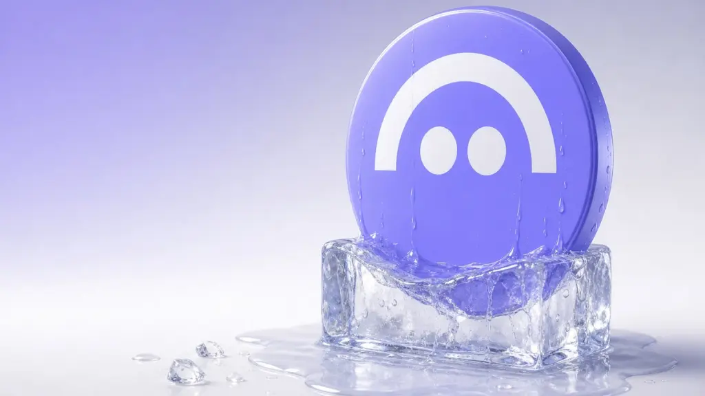 Große lavendelfarbene AAVE-Münze mit dem weißen Aave-Zeichen steckt mit dem unteren Rand in einem schmelzenden Eisblock, ringsum Schmelzwasser und einzelne Eisstücke.