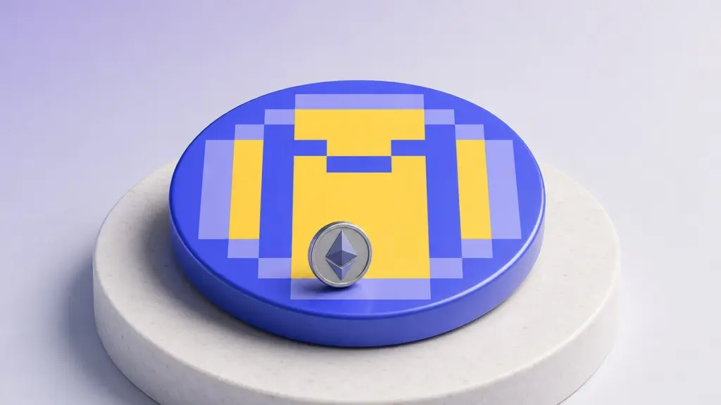 Eine große blau-gelbe MIM-Münze im Pixel-Design liegt flach auf einem weißen Steinsockel, auf ihrer Fläche steht eine kleine silberne Ethereum-Münze.