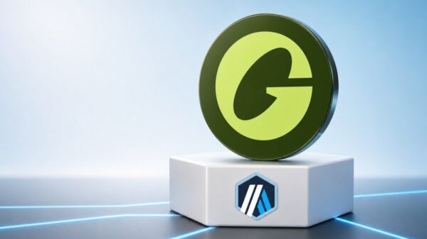 Eine große olivgrüne USDG-Münze mit hellgrünem G steht auf einem weißen Sechseck-Sockel mit dem Arbitrum-Zeichen, von dem hellblaue Lichtlinien über den Boden laufen.