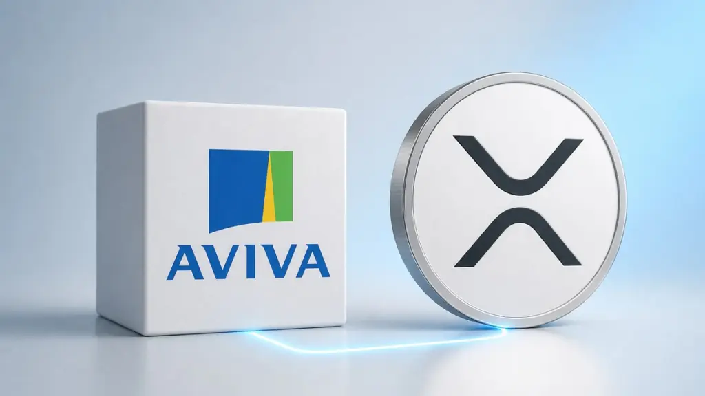 Weißer Würfel mit dem blau-gelb-grünen Aviva-Logo neben einer gleich hohen silbernen Münze mit dem XRP-Zeichen, verbunden durch eine hellblau leuchtende Linie.
