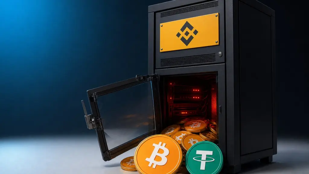 Ein schwarzer Serverschrank mit gelbem Binance-Zeichen auf der Blende steht mit aufgebrochener Glastür offen, innen rotes Warnlicht; davor rutschen Bitcoin- und Tether-Münzen auf den Boden.