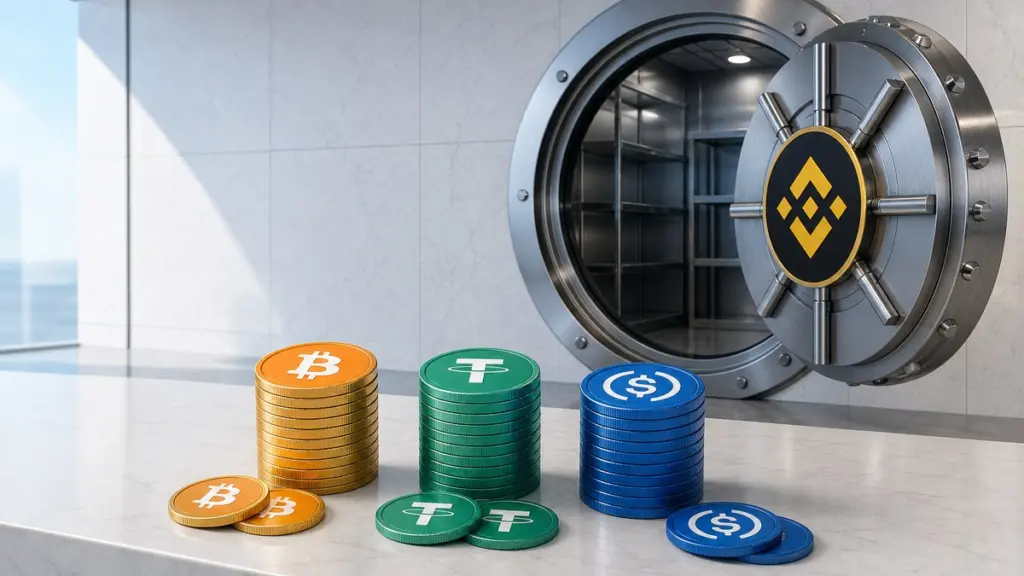 Offene runde Stahltür eines hellen Tresorraums mit dem gelben Binance-Zeichen, davor auf einem weißen Steintisch je ein Stapel Bitcoin-, Tether- und USDC-Münzen mit einzelnen Münzen daneben.
