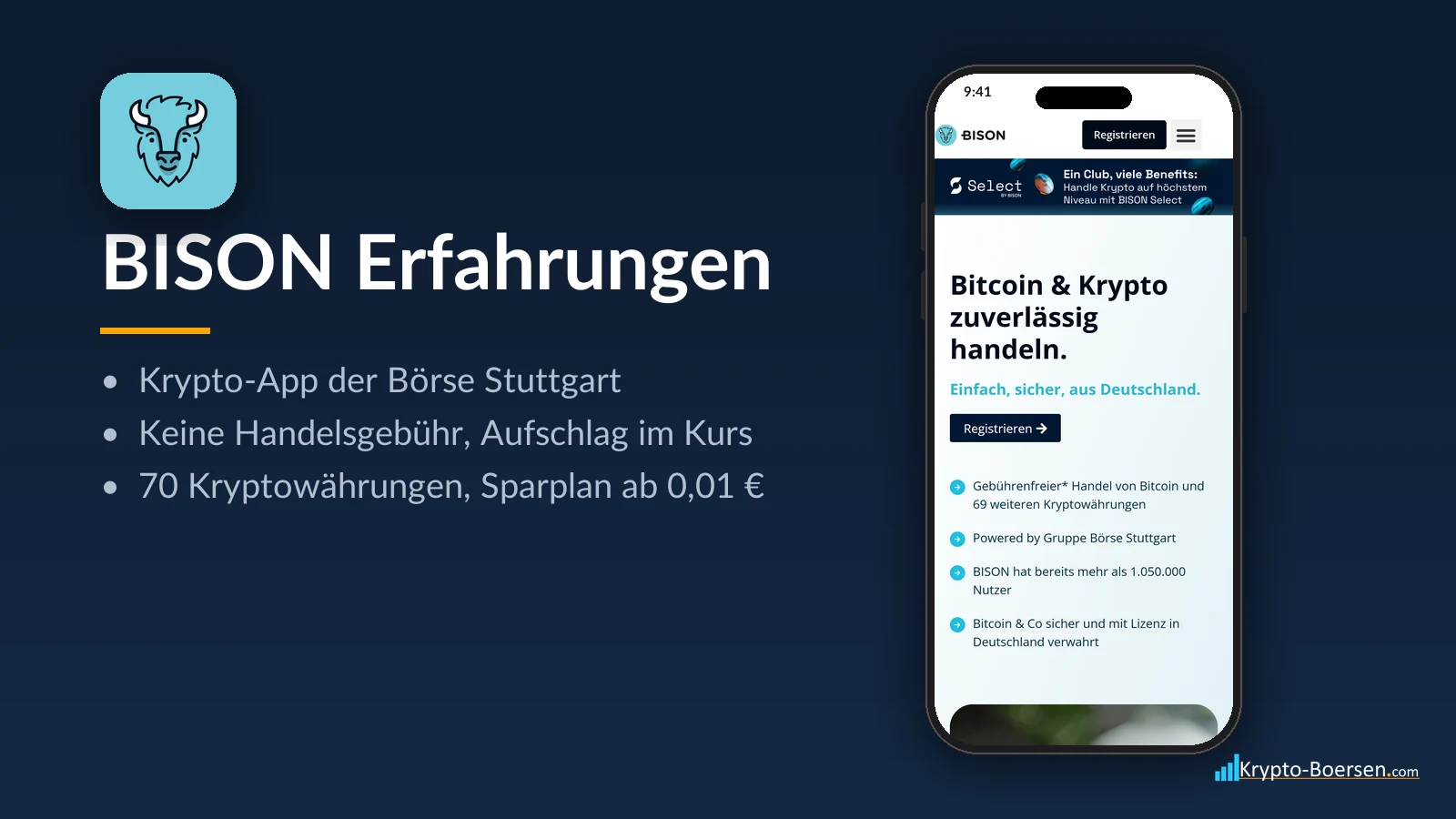 BISON Erfahrungen: App-Symbol, Startseite von bisonapp.com auf dem Smartphone und Kernfakten