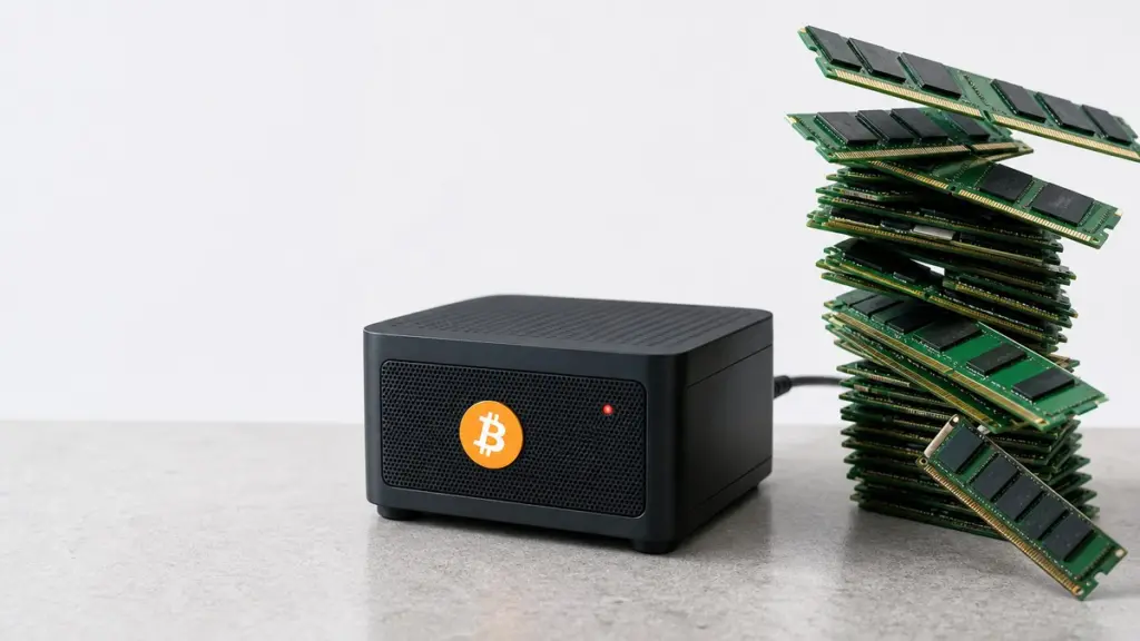 Ein schwarzer Mini-PC mit orangefarbenem Bitcoin-Zeichen und roter Leuchte steht auf grauem Stein, daneben kippt ein hoher Stapel grüner Arbeitsspeicher-Riegel.