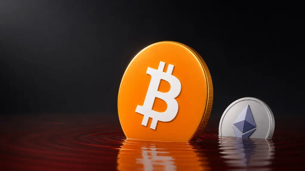 Große goldene Bitcoin-Münze, die aufrecht ein Stück in eine glänzende dunkelrote Fläche eingesunken ist, dahinter eine kleinere silberne Ether-Münze, die noch tiefer steht.