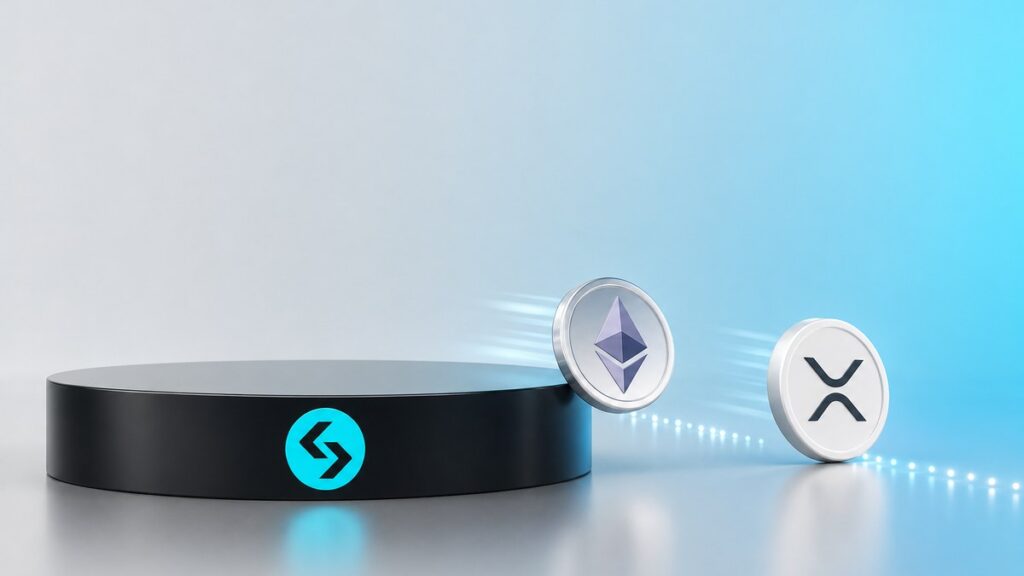 Eine silberne Ether-Münze und eine weiße XRP-Münze rollen von einem schwarzen Sockel mit dem türkisfarbenen Bitget-Zeichen weg, dahinter eine Spur aus Lichtpunkten.