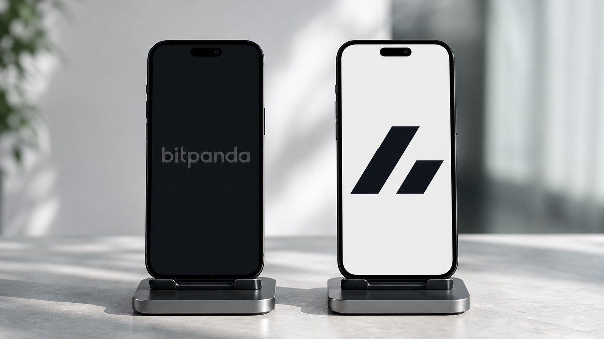 Bitpanda Alternative: zwei gleich große Smartphones mit den Zeichen von Bitpanda und Bitvavo