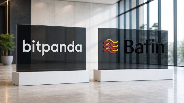 Bitpanda BaFin: zwei gleich große Glastafeln mit den Zeichen von Bitpanda und der BaFin