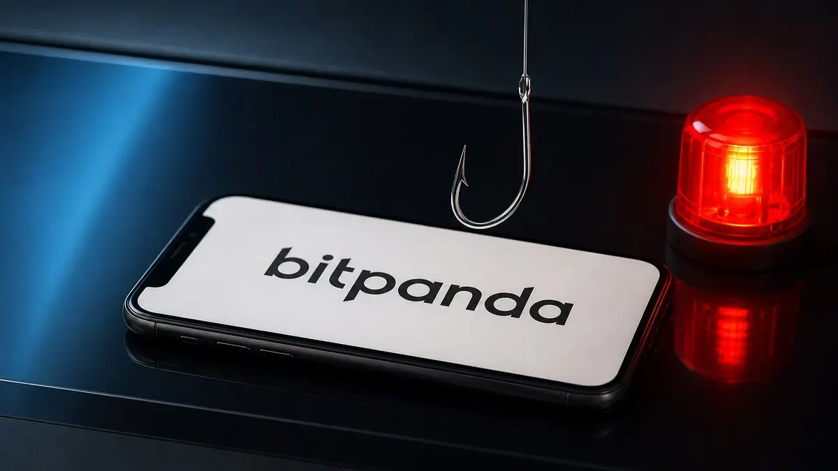 Bitpanda Betrugsmasche: Angelhaken über einem Smartphone mit Bitpanda-Startbildschirm, daneben eine rote Warnleuchte