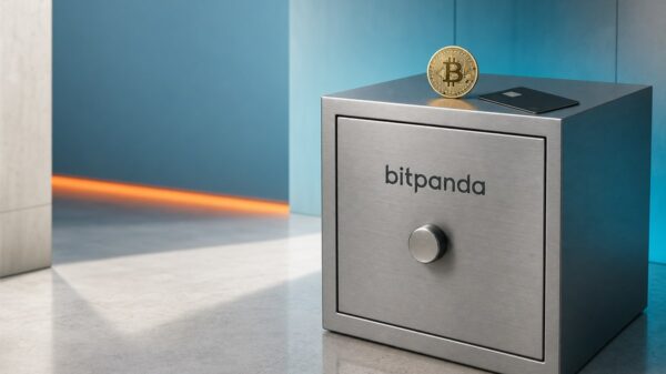 Bitpanda Einlagensicherung: Stahltresor mit Bitpanda-Gravur, darauf eine Bitcoin-Münze und eine Bankkarte