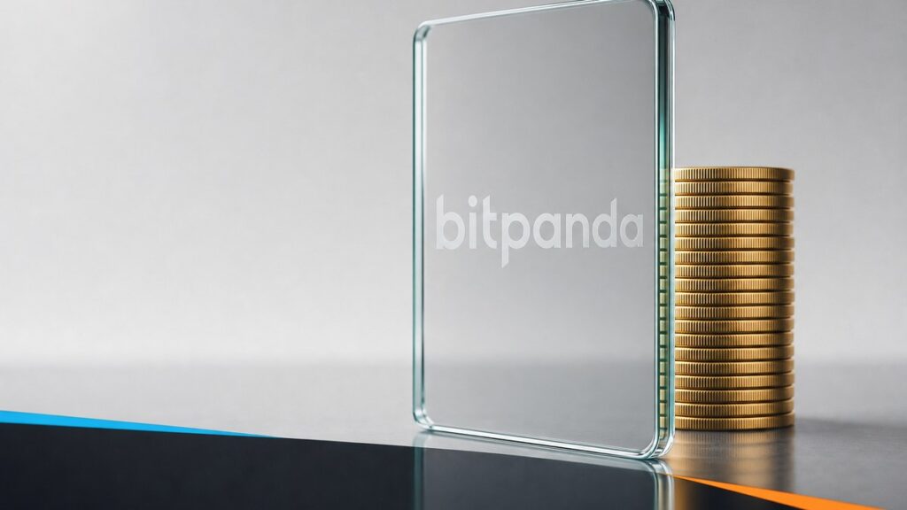 Bitpanda Freistellungsauftrag: Glasschild mit Bitpanda-Schriftzug vor einem Münzstapel