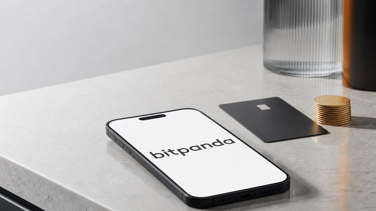 Bitpanda Gebühren: Smartphone mit dem Bitpanda-Startbildschirm neben Bankkarte und Münzstapel