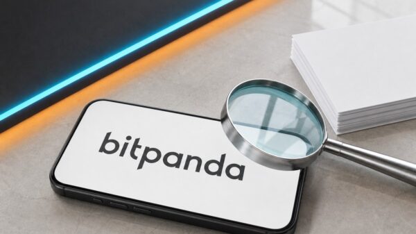 Bitpanda Mittelherkunftsnachweis: Lupe auf einem Smartphone mit Bitpanda-Startbildschirm neben leeren Blättern