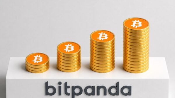 Bitpanda Sparplan: vier wachsende Stapel Bitcoin-Münzen auf einem Regal mit Bitpanda-Schriftzug