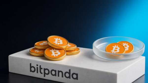 Bitpanda Steuern: Bitcoin-Münzen auf einem Bitpanda-Sockel, ein Teil liegt getrennt in einer Glasschale