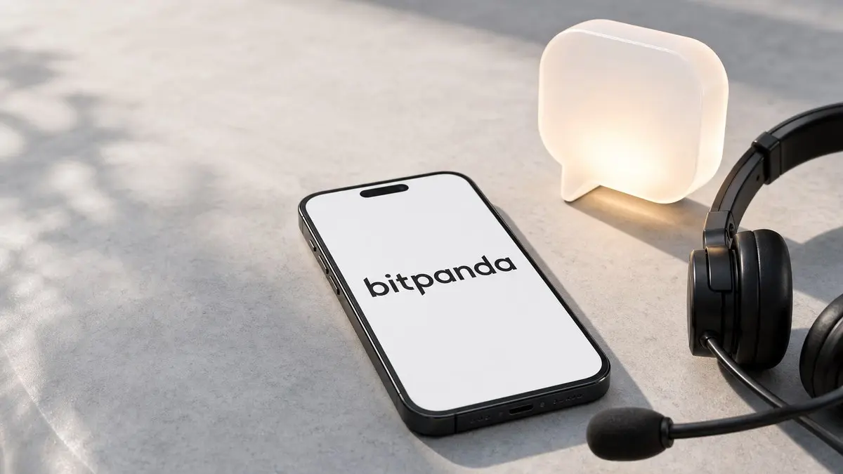 Bitpanda Support: Smartphone mit dem Bitpanda-Startbildschirm, daneben Headset und eine leuchtende Sprechblase