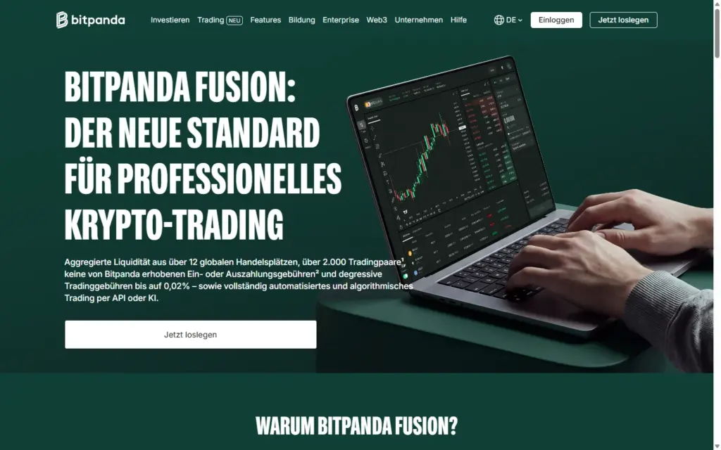Bitpanda-Fusion-Seite für professionelles Krypto-Trading mit Gebühren ab 0,02 %