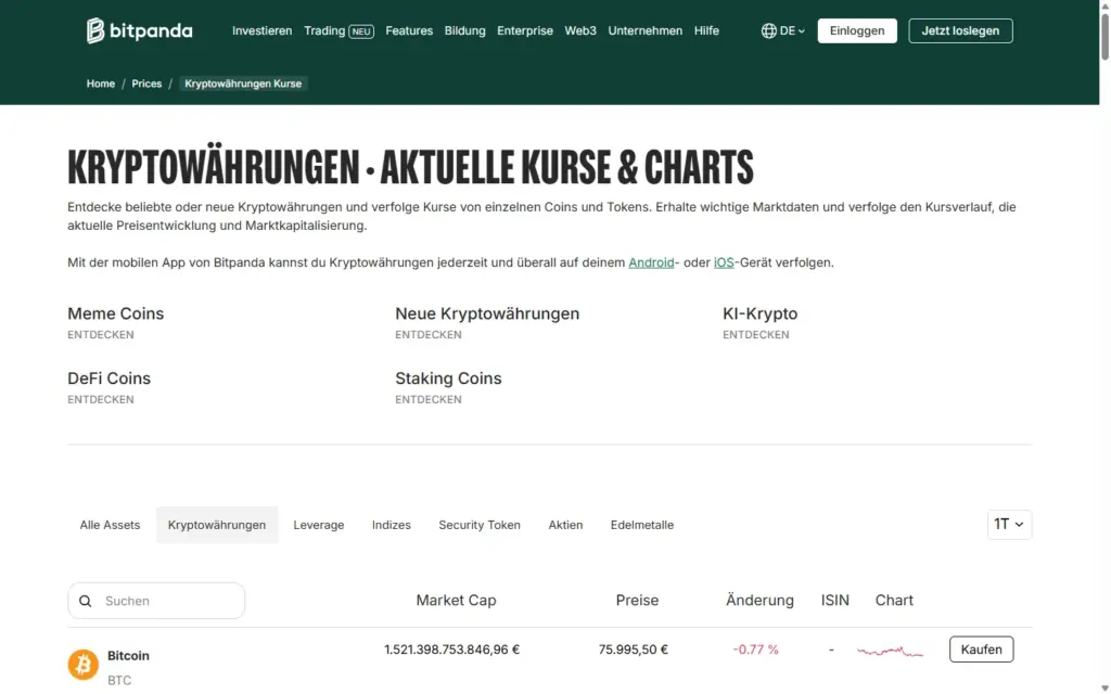 Bitpanda-Übersicht der Kryptowährungen mit Kursen und Kaufen-Knopf