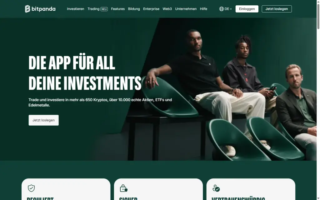 Startseite von bitpanda.com: „Die App für all deine Investments“