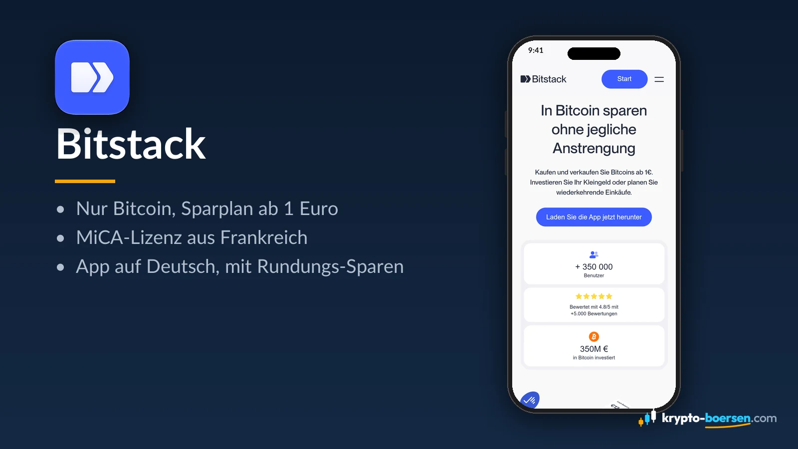 Bitstack Erfahrungen: App-Symbol, Startseite von bitstack-app.com auf dem Smartphone und Kernfakten