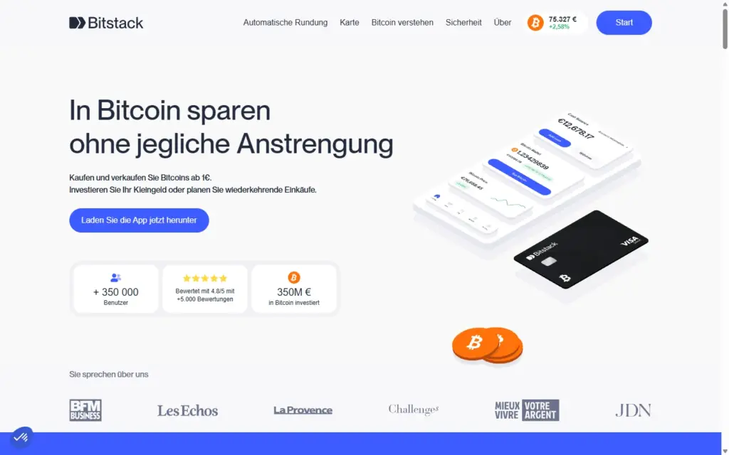 Startseite von Bitstack: In Bitcoin sparen ab 1 Euro