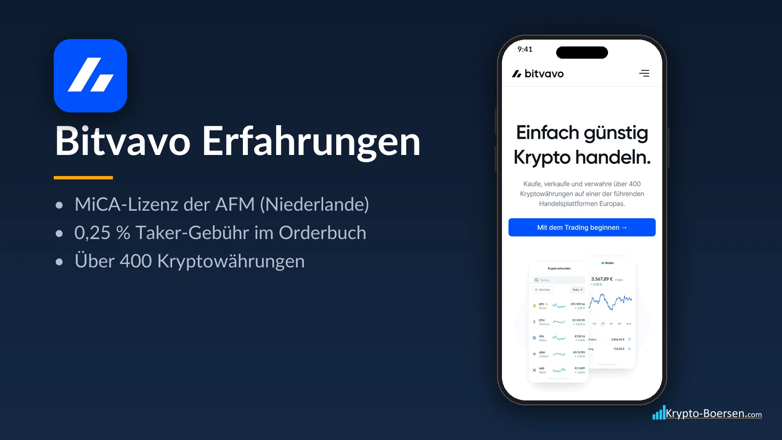Bitvavo Erfahrungen: App-Symbol, Startseite von bitvavo.com auf dem Smartphone und Kernfakten